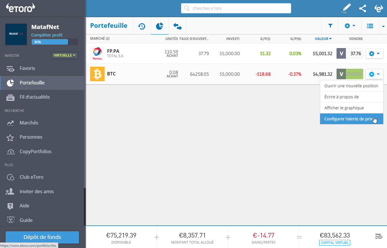 Une transaction sur le site d'eToro