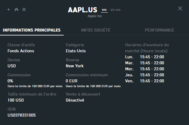Informations principales sur une action dans la plateforme de XTB