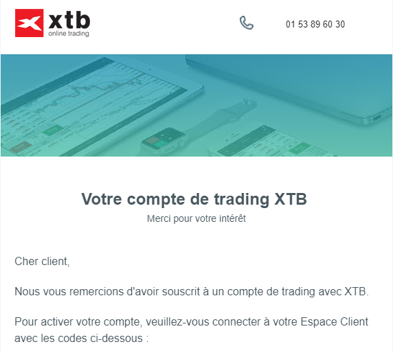 email de confirmation de compte ouvert chez XTB