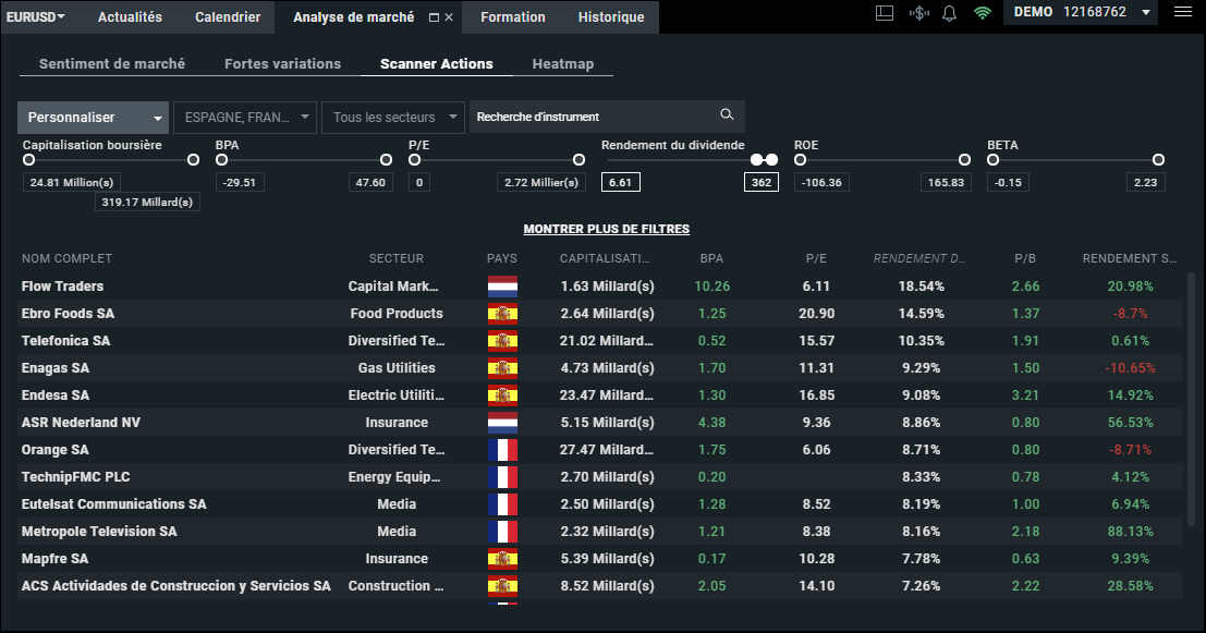 Scanner Action sur la plateforme XTB