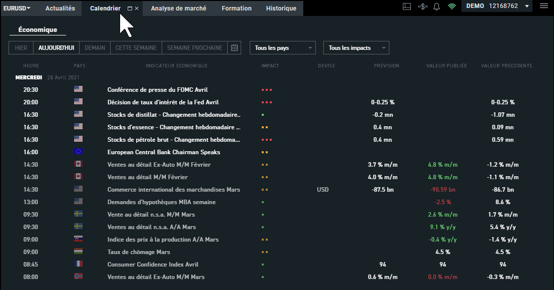 Calendrier économique sur la plateforme XTB